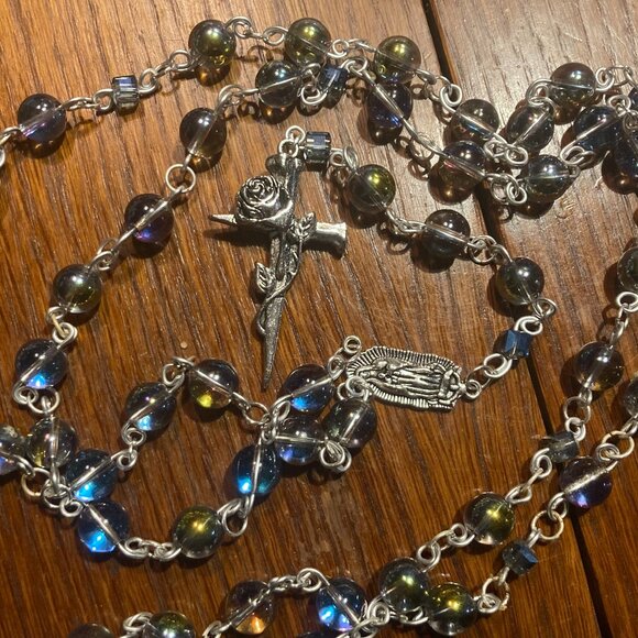 Handmade Rosary with Clear Shimmer Rainbow Glass Beads - Picture 1 of 3